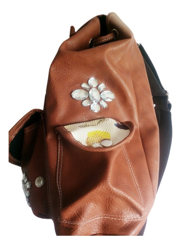 Imagen 6 de 10 de Mochila Marron Estampada Cuero Pu 3 Bolsillos Gran Capacidad