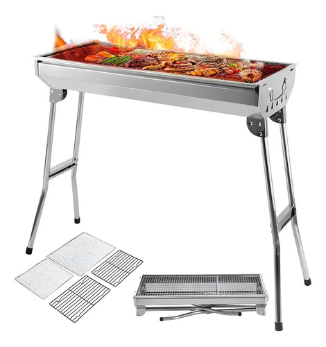 Asador De Carbón Parrilla Portátil Plegable Acero 73cm Inox Gris