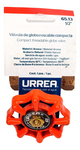 Válvula Globo Roscable, Compacta De Bronce 1/2', Urrea 65.13