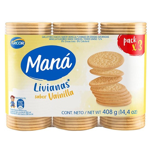 Pack Galletas Arcor Maná Vainilla 3 Un De 408 Gr