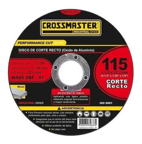 Discos Corte Metal Amoladora115 X 1.6 X 22.2 Mm X 10 Crossm