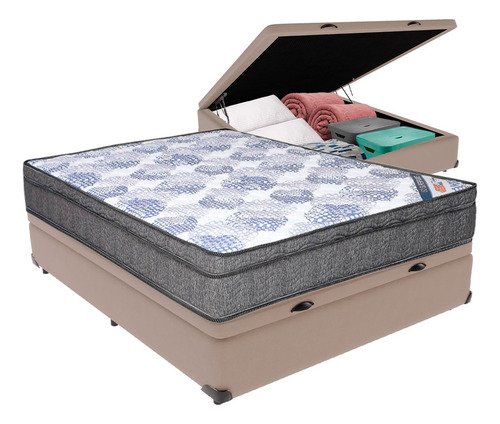 Cama Box Casal Baú Bege Colchão Ortobom Superpocket Pillow