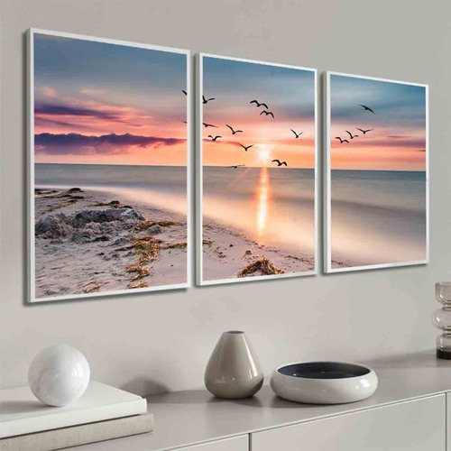 Kit Quadros Decorativos Pôr Do Sol Paisagem Gaivotas Moldura