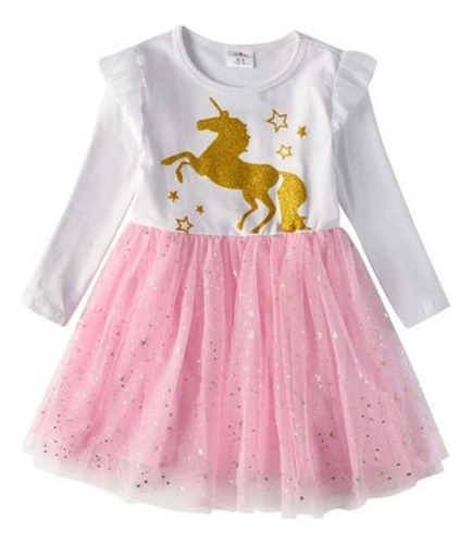 Vestido Unicornio Cumpleaños Fiestas Para Niñas Manga Larga