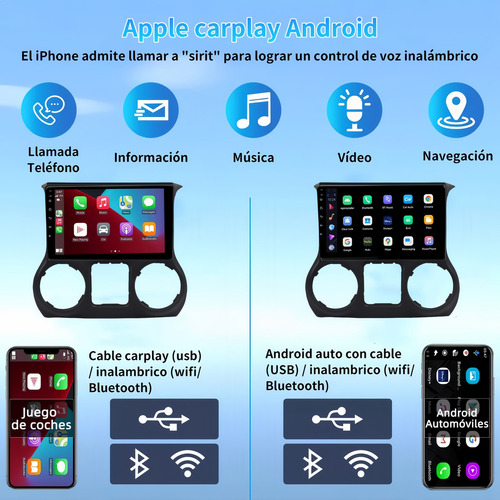 Autoestéreo Carsapro CarPlay 2+32g Para Jeep Wrangler 2011-2014 Auto Estéreo Pantalla Táctil Ips Android Cámara Mirror Link Wifi Bluetooth FM BT HD AUX TF USB pantallas para carro Negro