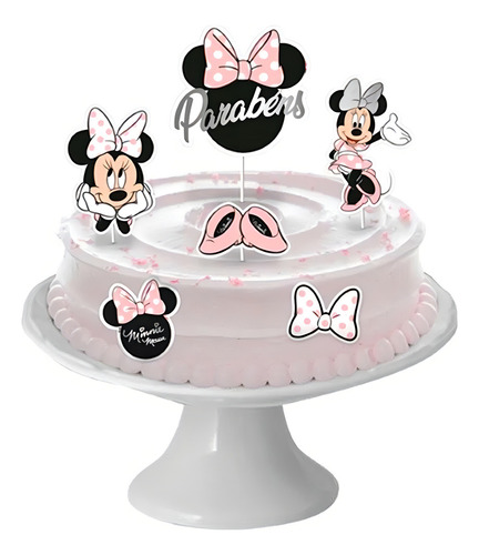 Decoração De Bolo - Cenário Minnie Mouse Rosa - 6un - Regina