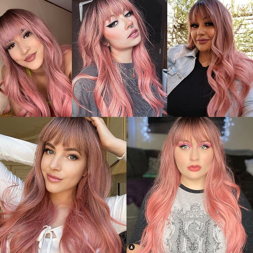 Peluca Rosa Con Flequillo Peluca Onduladas Largas Para Mujer