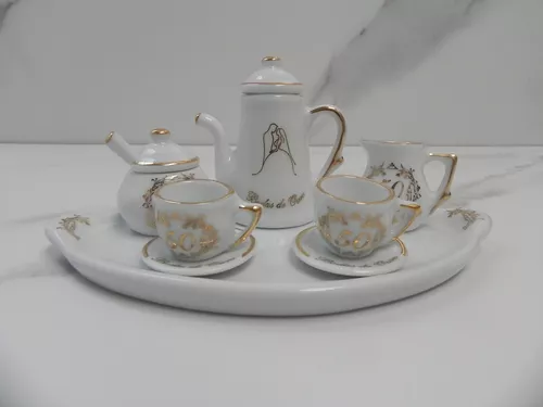 Jogo de miniatura de porcelana café chá branco ouro