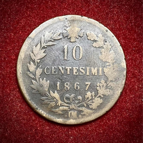 Moneda 10 Centésimos Italia 1867 .om Bruselas Km 11 Vittorio (Usado)