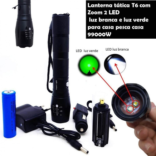 Lanterna Tática 2 Led Luz Branca/verde Foco Ajustável 688t6