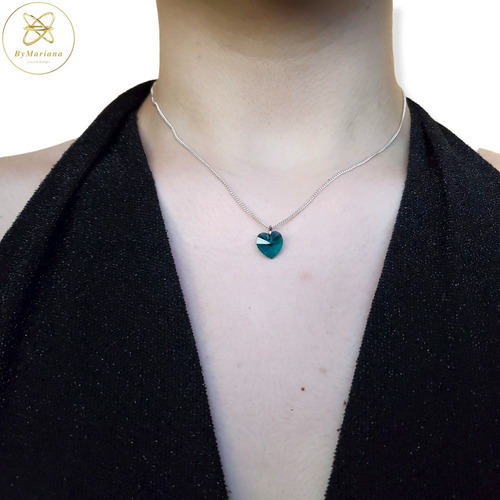 Imagen 3 de 6 de Cadena Plata + Corazon Cristal Swa Verde Esmeralda 10mm