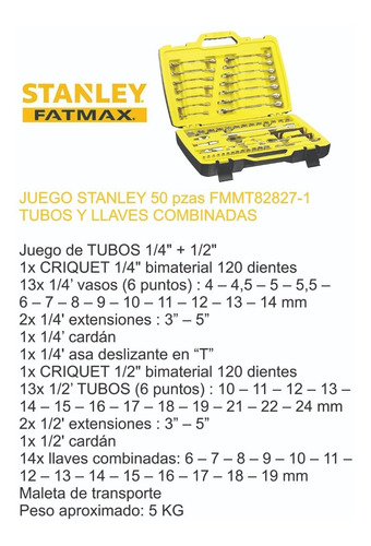 Imagen 2 de 7 de Juego Set Stanley 50 Pz Tubos Y Combinadas Fatmax Maletín