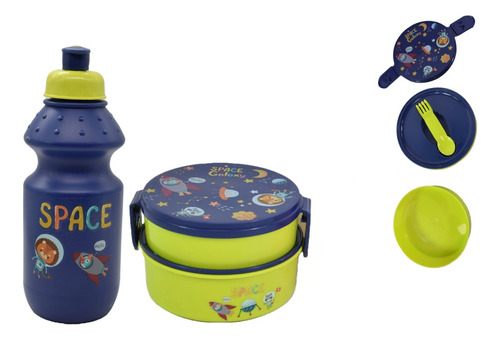 Lonchera Infantil Redonda Espacial 2 Niveles + Botella