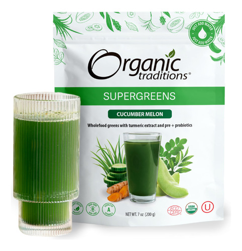 Organic Traditions Super Greens Con Curcuma, Polvo Organico