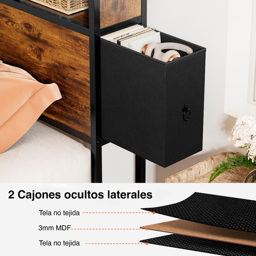 Base Cama Queen Size Con Cajones Y Luces Led Marrón Rústico