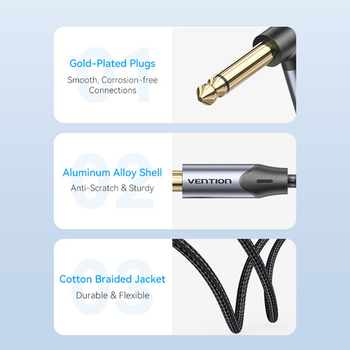 Cable de Audio Plug 6.5 mm Vention 3 Metros Plug 90° Codo a Plug 6.35 TS Hi-Fi Bidireccional Para Guitarra Amplificador Consola DJ Microfono Instrumento Piano Mixer PVC Premium BKEHI