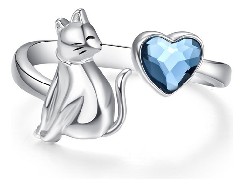 V Anillo Gato Corazón Azul Ajustable Plata Regalo Mujer