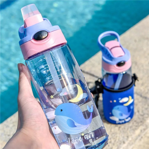 Botella de agua para niños con caño retráctil sin BPA, color rosa