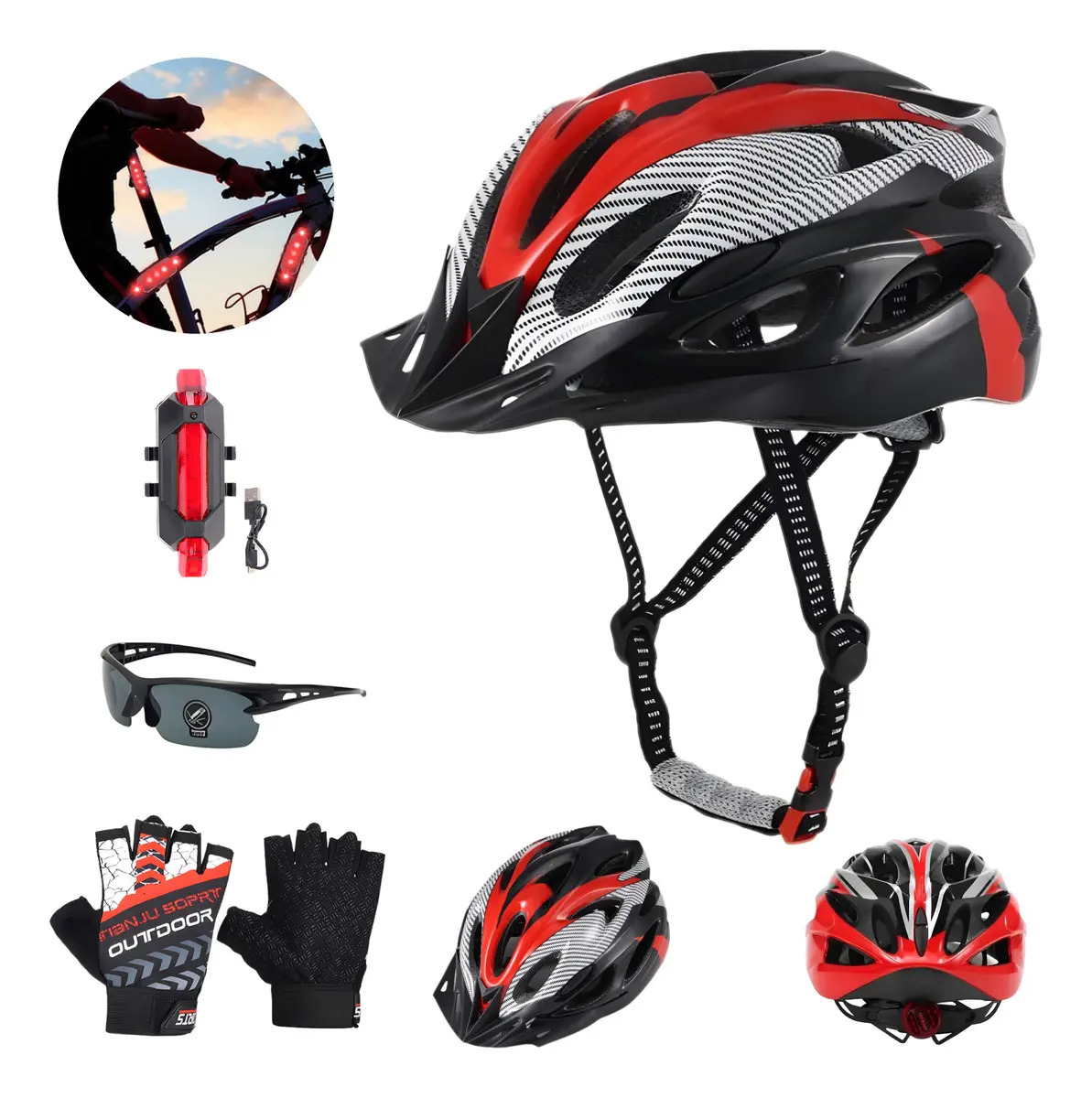 Zacrox Bicycle Casco Rojo + Luz de bicicleta recargable Usb + Gafles + Guantes, talla única