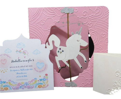 Tarjeta Invitación Cumpleaños Unicornio 2d Giratorio +sobres