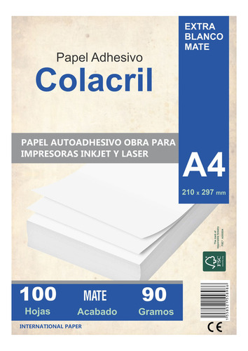 Papel Autoadhesivo A4 Mate Laser Obra Opaco Resma X100 Hojas