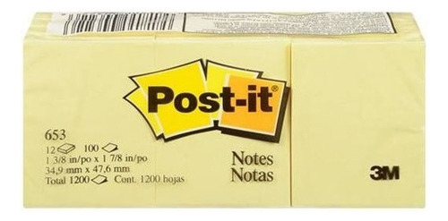 Block Notas Adhesivas 3m Amarillas C/12pzas. Mod.653 Post-it
