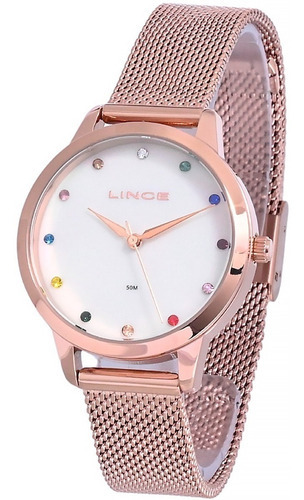 Kit Relógio Feminino Lince Rosé Com Colar E Brinco Cor do fundo Branco