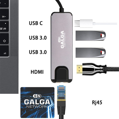 Imagen 3 de 10 de Adaptador Usb C Hub 5 En 1 Hdmi 4k/1tipoc/2usb 3.0/1rj45lan
