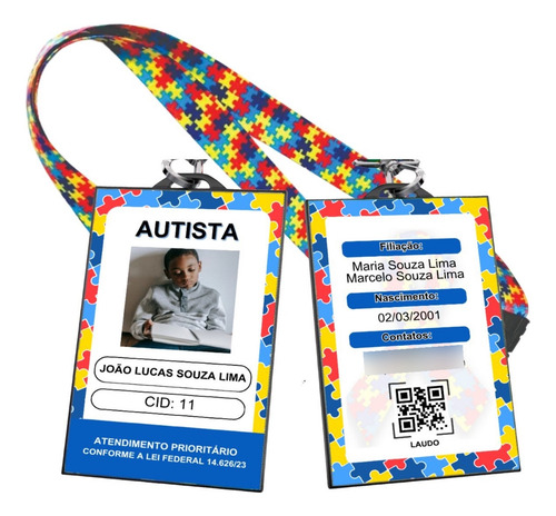 Crachá Autista + Cordão Trava Segurança Com Qr Code Do Laudo Autismo Azul