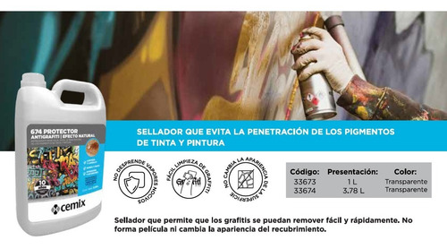 Imagen 2 de 5 de Protector Antigrafiti 674 Efecto Natural Litro Cemix