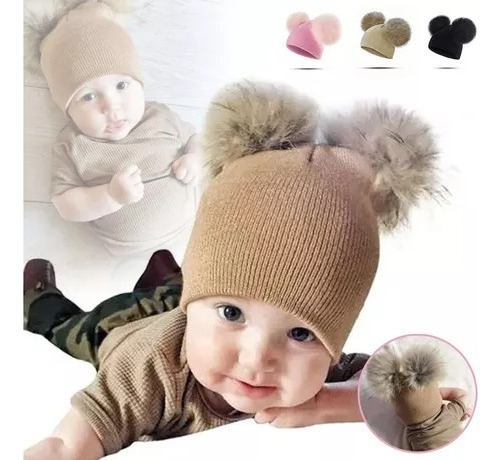 Imagen 2 de 7 de Gorro De Punto Cálido Para Bebé Gorro Con Doble Pompón