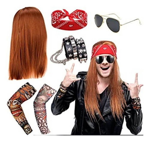 Kit Pelucas Largas Rockera Pulseras Hippie Disfraz Halloween