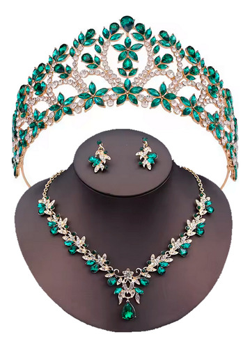 Set De Corona Reina Tiara Gargantilla Y Aretes Xv Boda Novia Verde