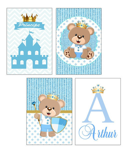 Quadros Urso Príncipe Azul Claro Nome Personalizado 4 20x30 Cor Azul-claro