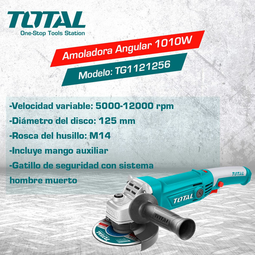 Imagen 3 de 7 de Amoladora Angular 1010w Total Para Disco 115mm 125mm