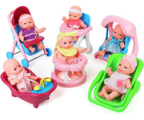 Click N' Play Mini 5 Inch Baby Girl Toy Dolls With Stroller,