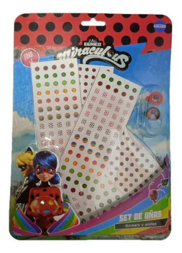 Set De Uñas Y Anillos Con Stickers Miraculous Ladybug Orig