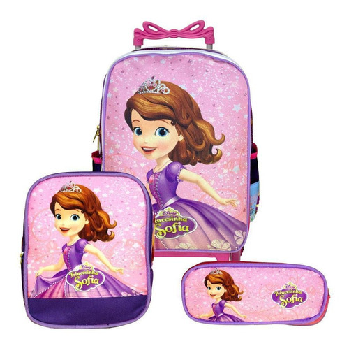 Mochila Feminina Rodinha Princesa Sofia Lancheira Estojo Cor Lilás