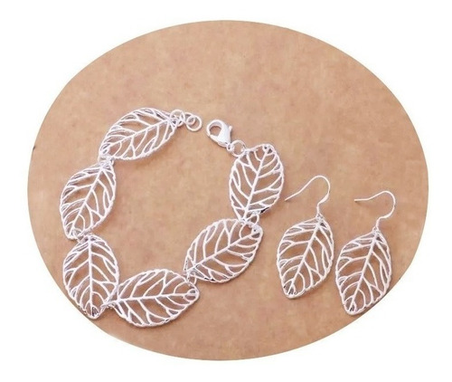 Aretes Pulsera Mujer De Hoja Plata Ley .925