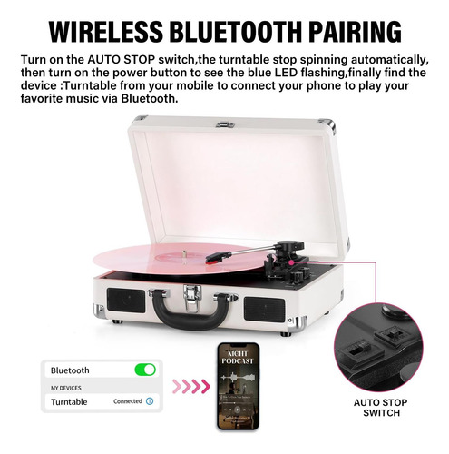 Leitor De Discussão Em Vinil Bluetooth De 3 Velocidades Com
