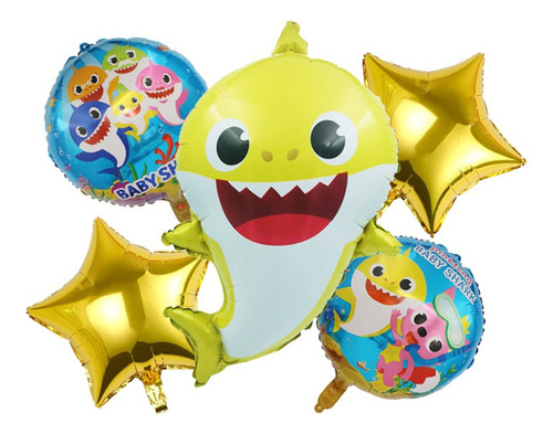 Set 5 Globos De Baby Shark Cuerpo Entero Estrellas Y Redondo