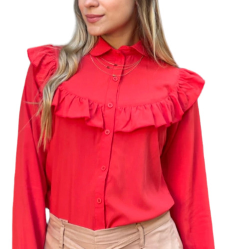 Camisa Manga Larga Con Cuello Redondo Y Volado, Rojo Mujer