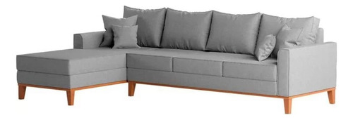 Sofá 4 Lugares Chaise Esquerdo Linho Base E Pés De Madeira Cor Cinza