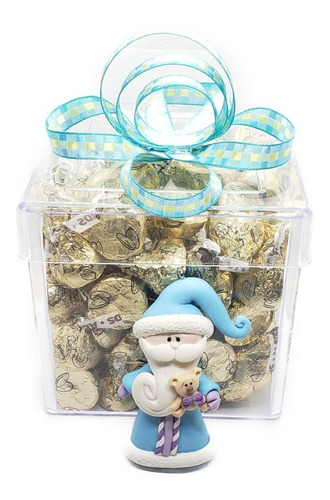 Caja De Acrilico 10 Cm Con Santa Claus Azul P/dulces