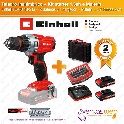 Imagen 2 de 7 de Taladro Atornillador Inalambrico Einhell 2 Baterias + Puntas