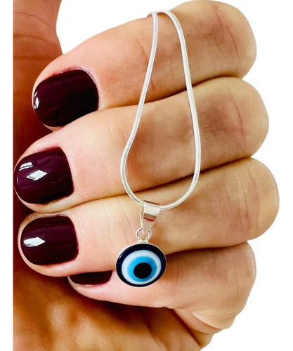 Cadena De Plata Cola De Ratón Con Dije De Ojo Turci Plateado