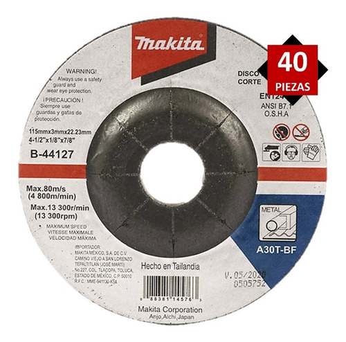 Disco Abrasivo Corte Metal 4-1/2x1/8x7/8 Makita B-44127 40pz