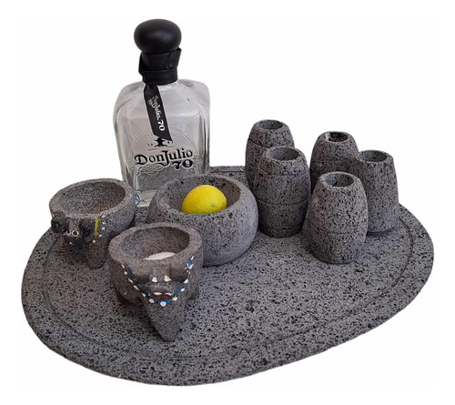 Set De Tequileros Y Charola 9 Pz- Piedra Volcánica Artesanal