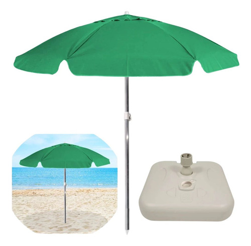 Kit Guarda Sol Praia Verde Claro 1,60 + Base Branca De 22 Kg