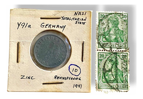 2 Estampillas 3er Reich + Moneda Alemana 10 Pfennig 1941 B